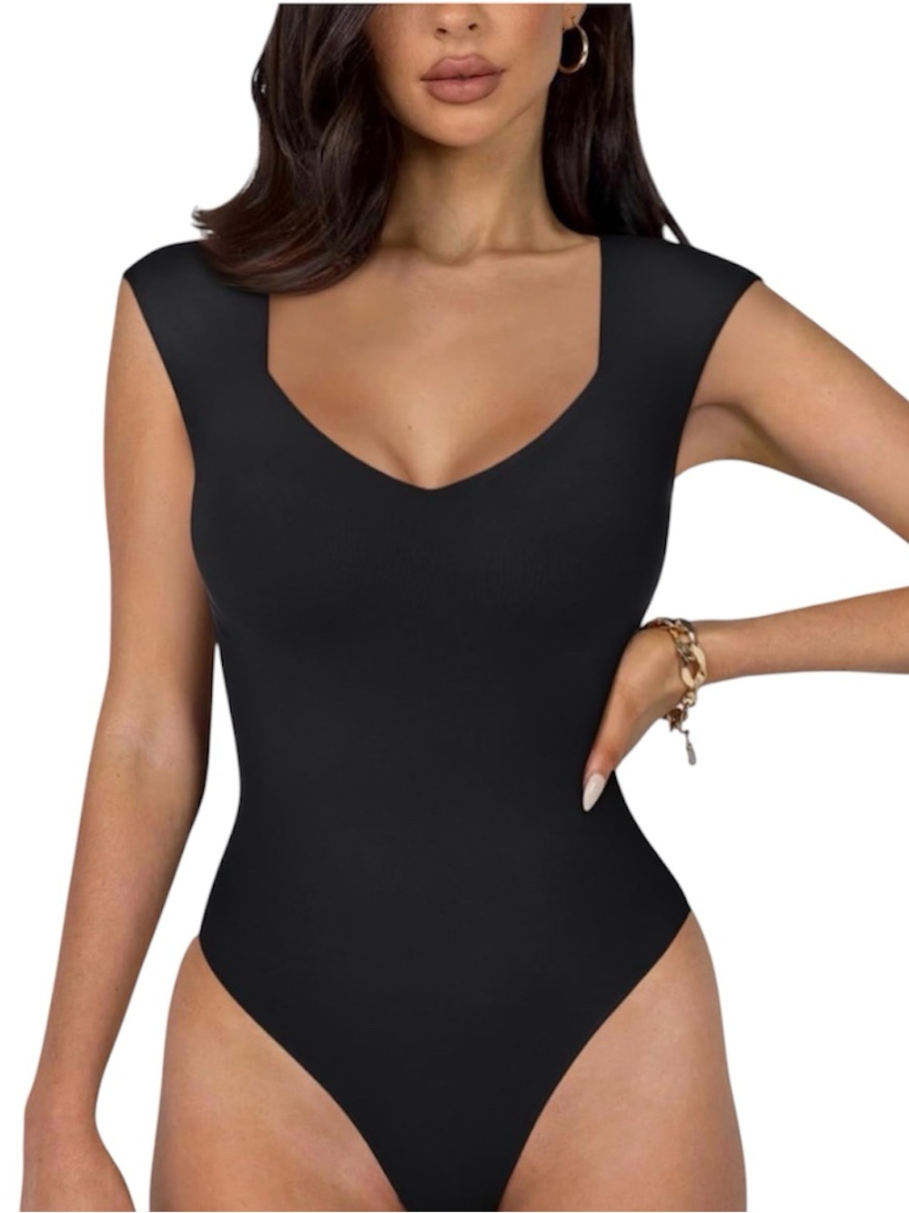 Reoria Women’s Black V-Neck Cap Sleeve Bodysuit